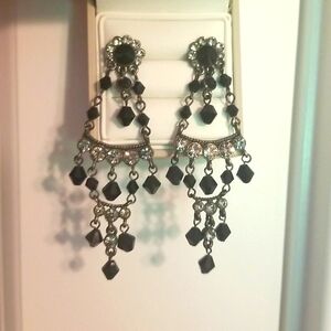 Dangle Earrings, Costume, Black Beads, Clear Stones, 3"